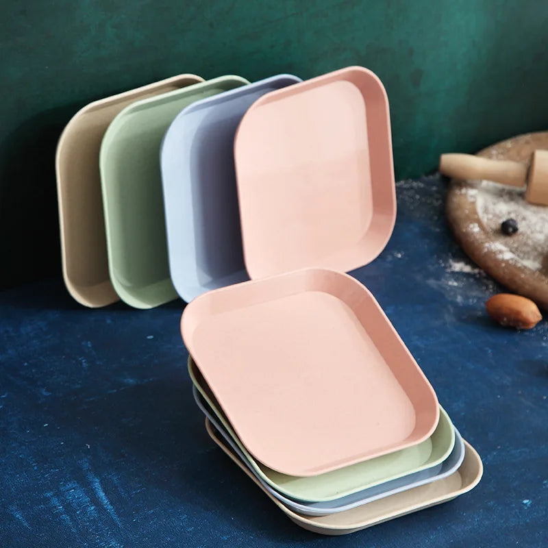 Eco-Friendly Reusable Plastic Dinnerware Set Biodegradable Wheat Straw Dish with Color Enamel Technique for Camping Plate Type