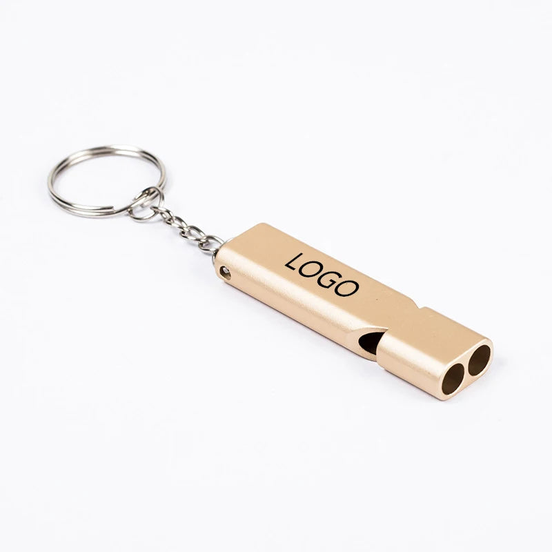 Custom Logo High Decibel Dual Tube Aluminum Safety Survival Whistle Keychain for Outdoor Event Promotion