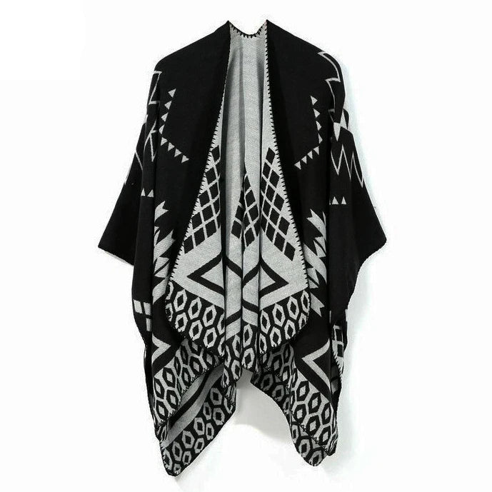 Wholesale Girls Winter Knitted Poncho Jacquard Geometric Cape Aztec Double-Sided Warm Pashmina Shawl