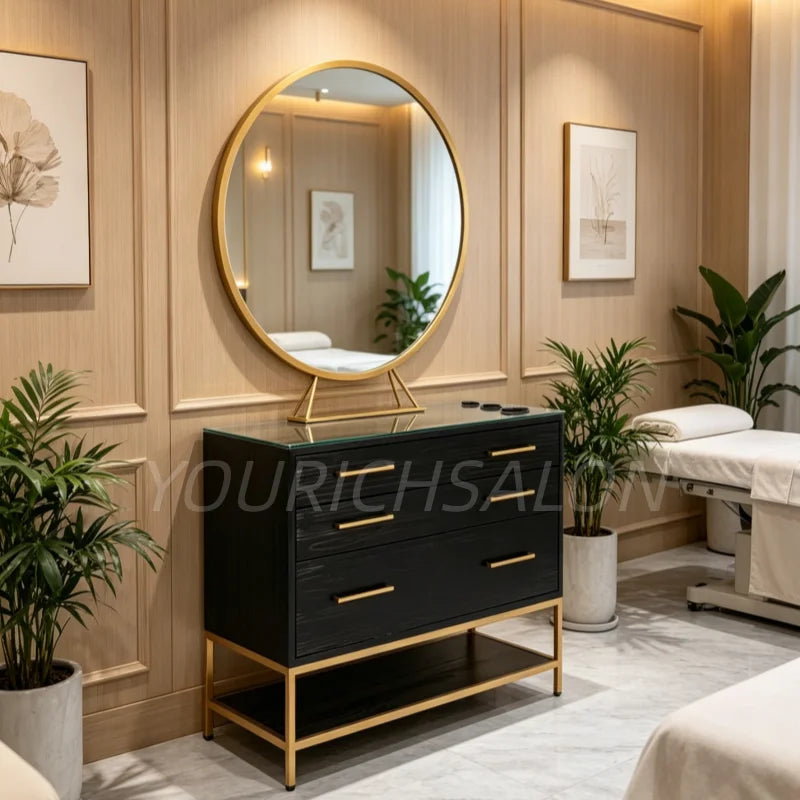 Gold Aluminum Framed Tabletop Mirror Salon Station with Mirror Barber Shop Salon Furniture Mirror Glass Top