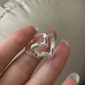 Vintage Unique Design 925 Sterling Silver Texture Hollow Heart Rings for Women Fine Jewelry