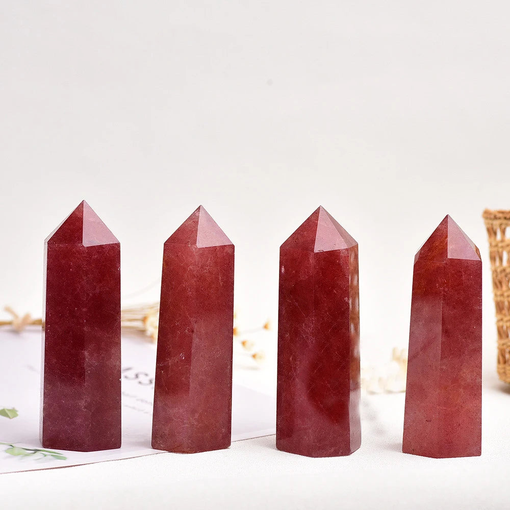 10*3cmNatural Strawberry Quartz Height Quality 6 Faceted Prism Wand Reiki Chakra Stone Healing Crystal Wand