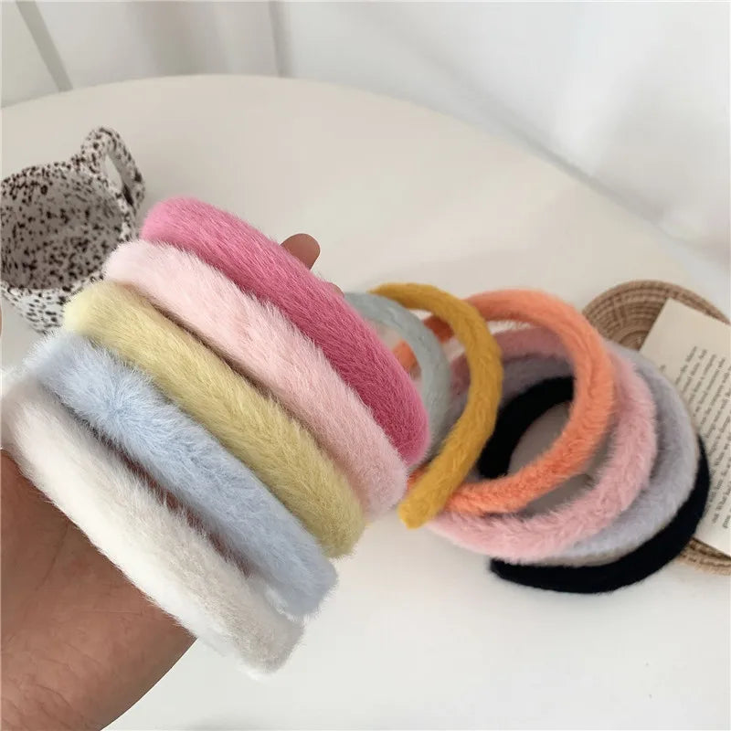 Fashion Thick Fur Headband Hair Bands for Women Girls Candy Color Hair Hoop Headwear Plush Wide Hairbands Hair Accessories