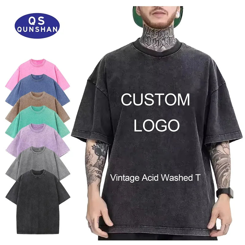 Custom Logo Vintage Acid Washed T Shirt DTG DTF  Men  Heavyweight Cotton Blank Oversized Tshirt 100% Cotton for Men's T-shirt