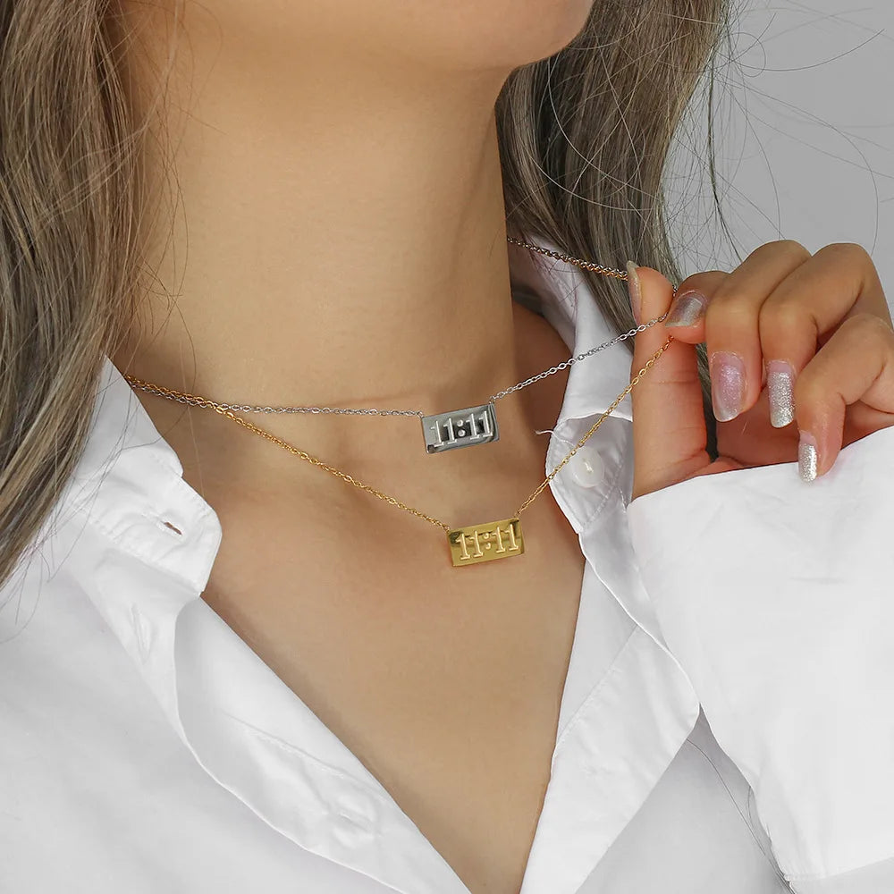 Light Luxury Gold Plated Stainless Steel Pendant Necklace with Link Chain High Sense 11:11 for Party Occasions