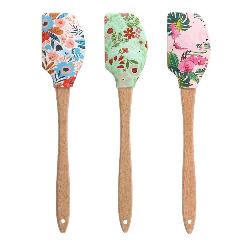 Heat Resistant Durable Fun Baking Gift Cake Kitchen Spatula Flower Pattern  Printed Silicone Rubber Pastry  Spatulas