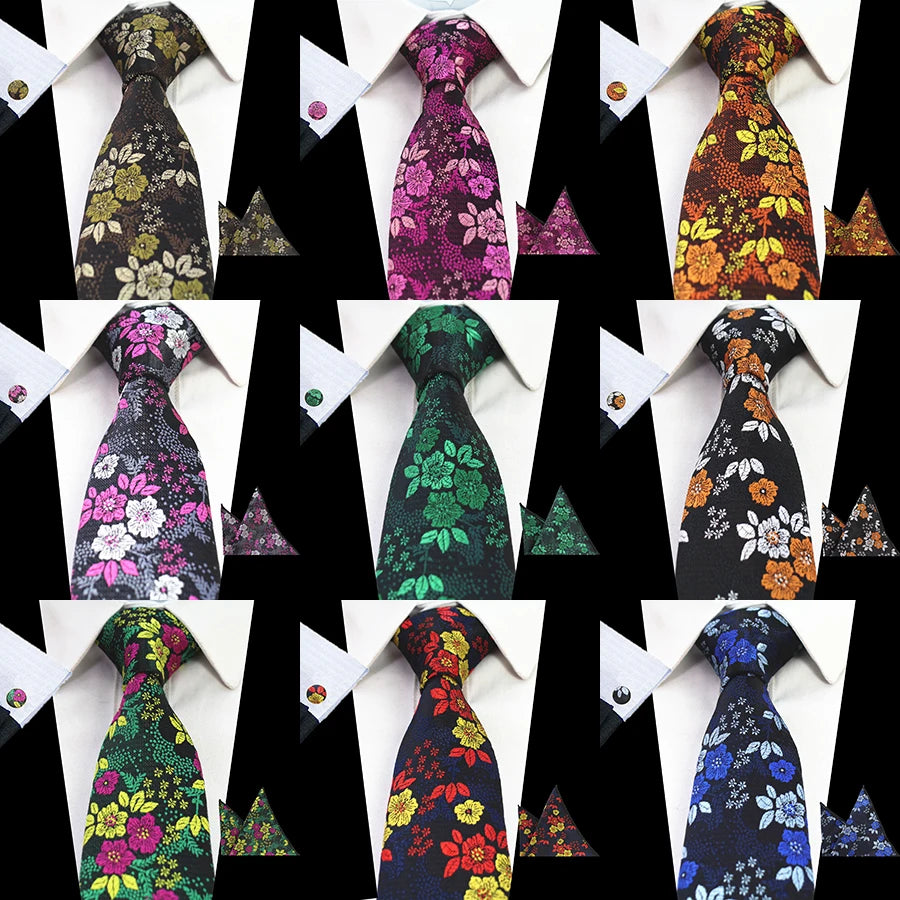 3pcs/set Men's 2.76'' (7cm) Tie Floral Jacquard Necktie Gravata Corbatas Hanky Cufflinks Tie Set for Men Formal Wedding Party
