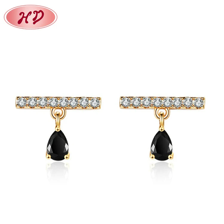 Jewelry Supplier Elegant Black Aaa Zircon Plated 18K Gold Women Earrings Water Droplet Studs Jewelry