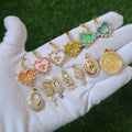 CZ8494 Dainty CZ Micro Pave Jewelry Charms 18k Gold CZ Paved Enamel Heart Lock and Key Saint Benedict Charm Pendants