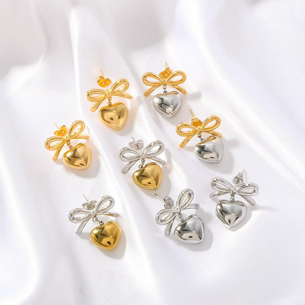 New Bow Earring Titanium Steel Plated 18K Gold Luxury Heart Pendant Women's Fashion Earrings