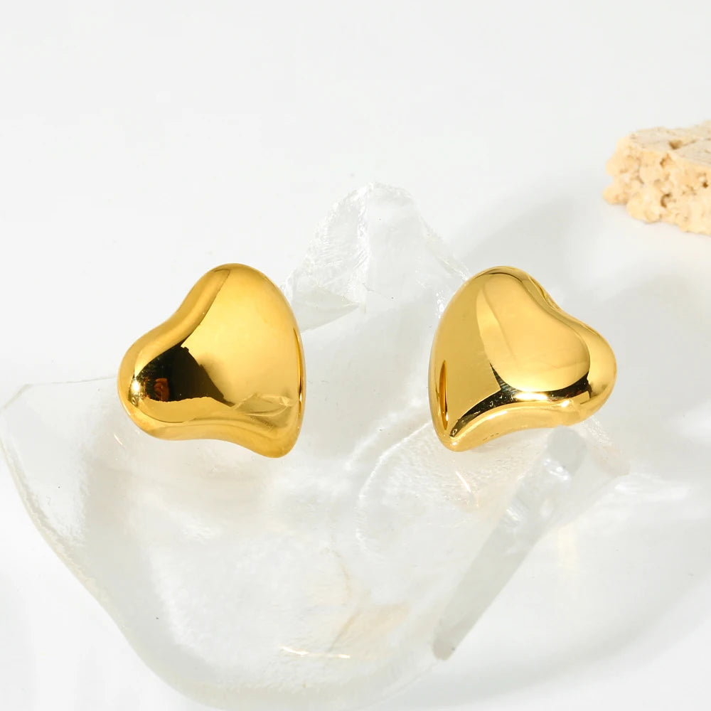 Romantic Heart Stud Earrings Unisex New Trendy Stainless Steel Metal Texture Gold Plated Waterproof Charm Sweet Anniversary