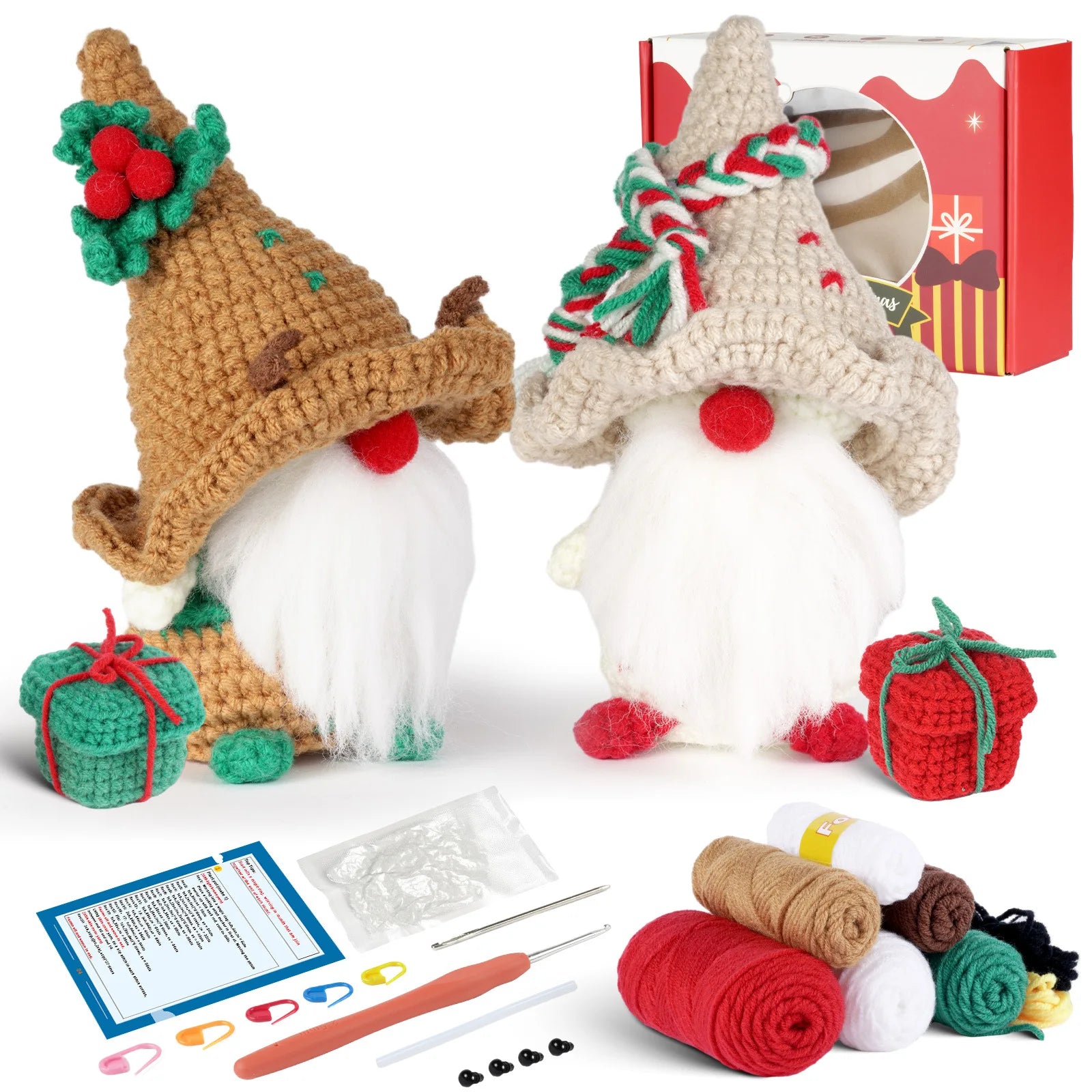 Handmade Christmas Gnome and Gift Boxs Crochet Kit for Adult Beginners with Step-by-Step Video Tutorials