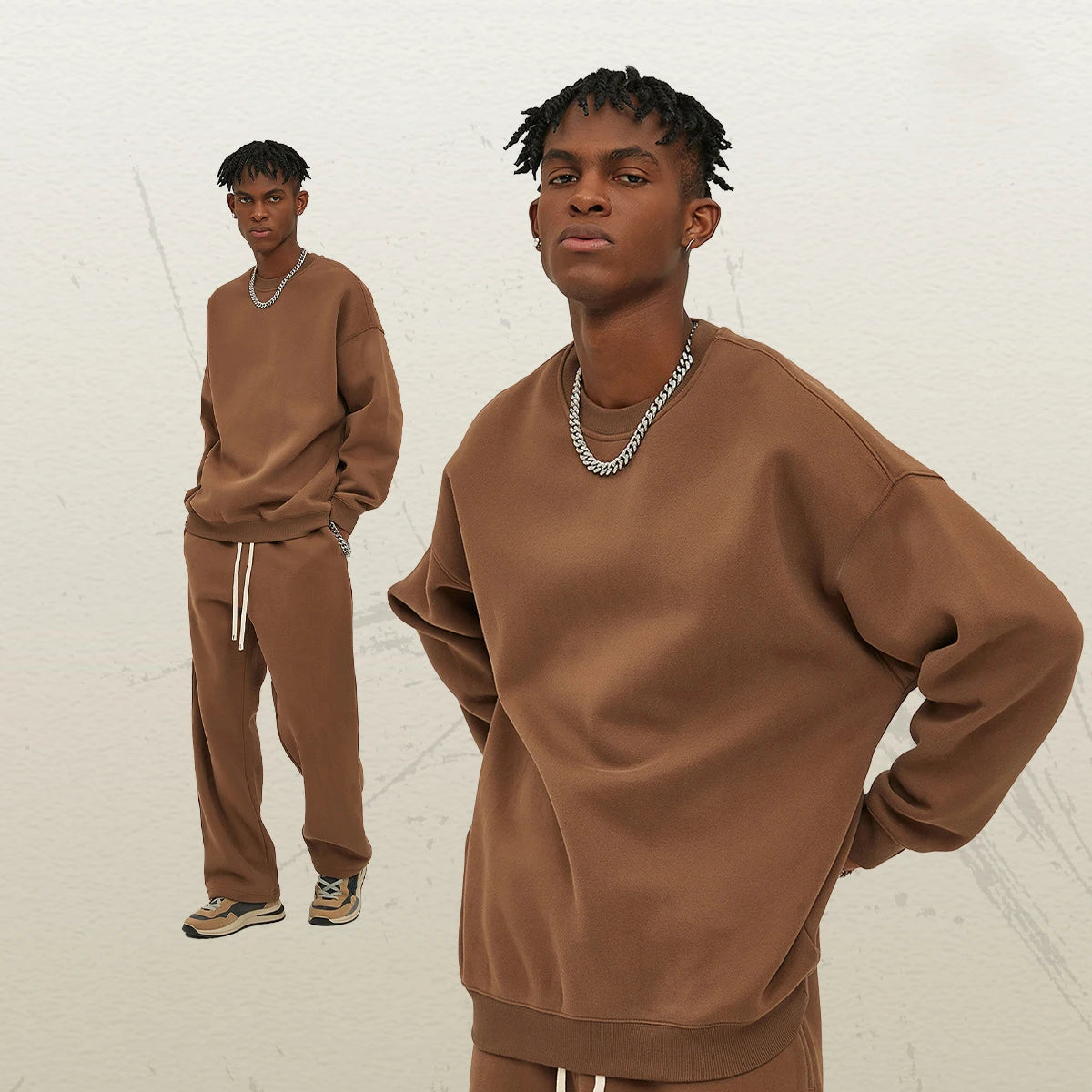 AI-MICH 2025 Men's Loose Round Neck Sweater 350G Plus Velvet Thickened Embroidered Autumn Winter New Trendy Brand Solid Pattern