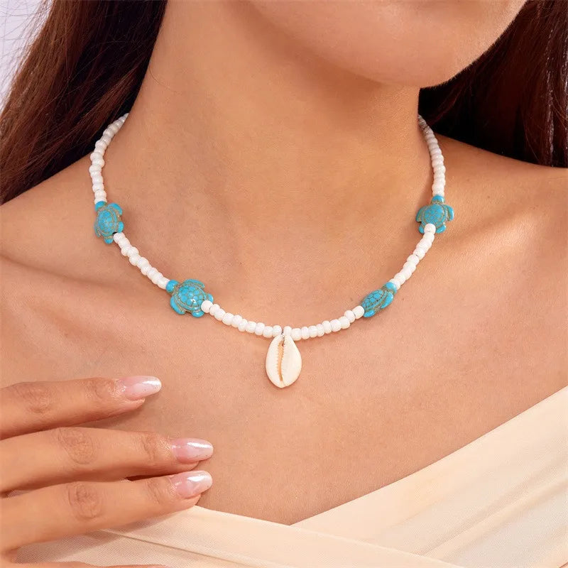 Summer Bohemian Ocean Beach Style Seed Beads Shell Turquoise Turtle Necklace for Women Girls