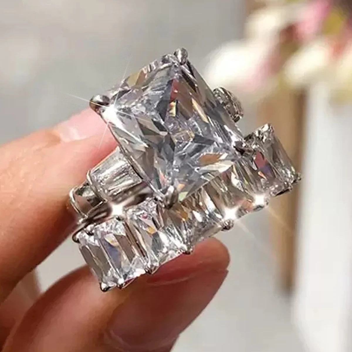 CAOSHI Hot Trendy Silver Gold Black Color Rings Luxury Emerald Cut Cubic Zirconia Women's Wedding Bridal Set Rings