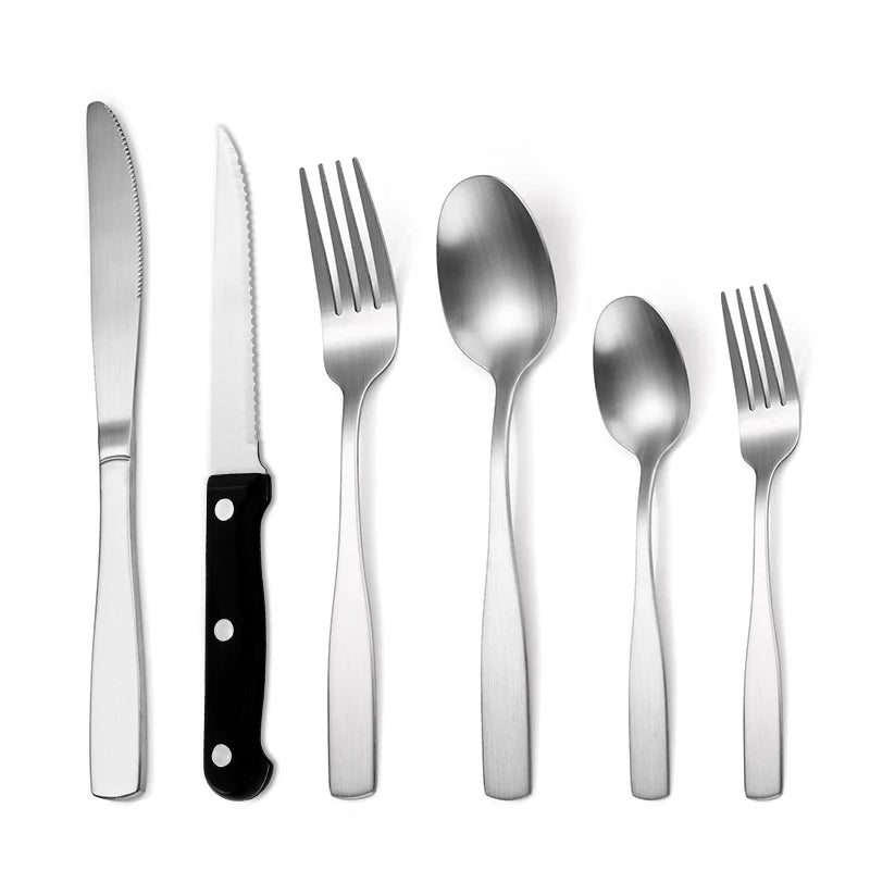 Manufacturer Silverware Stainless Steel 6 Pcs Flatware Silver Matte Cutlery Steak Knife Spoon Fork Gold Cutlery Set