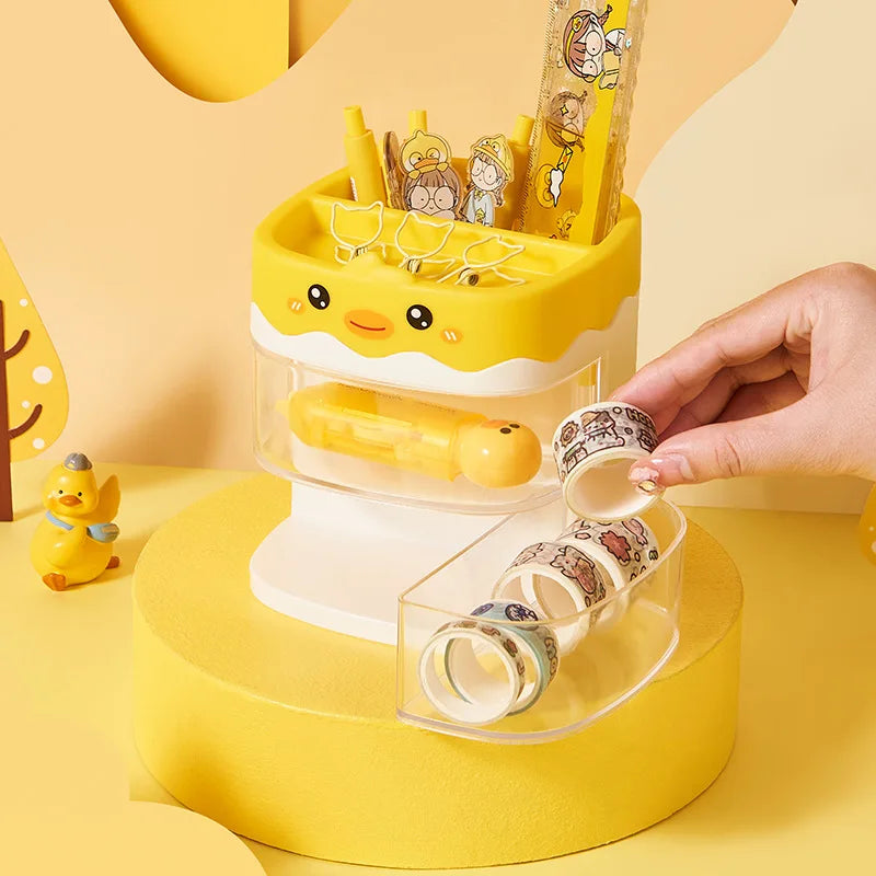 Cartoon Desktop Storage Box Cute Rotatable Leather Drawer Rack for Pen Makeup Brush Trinkets Dressing Table Organization