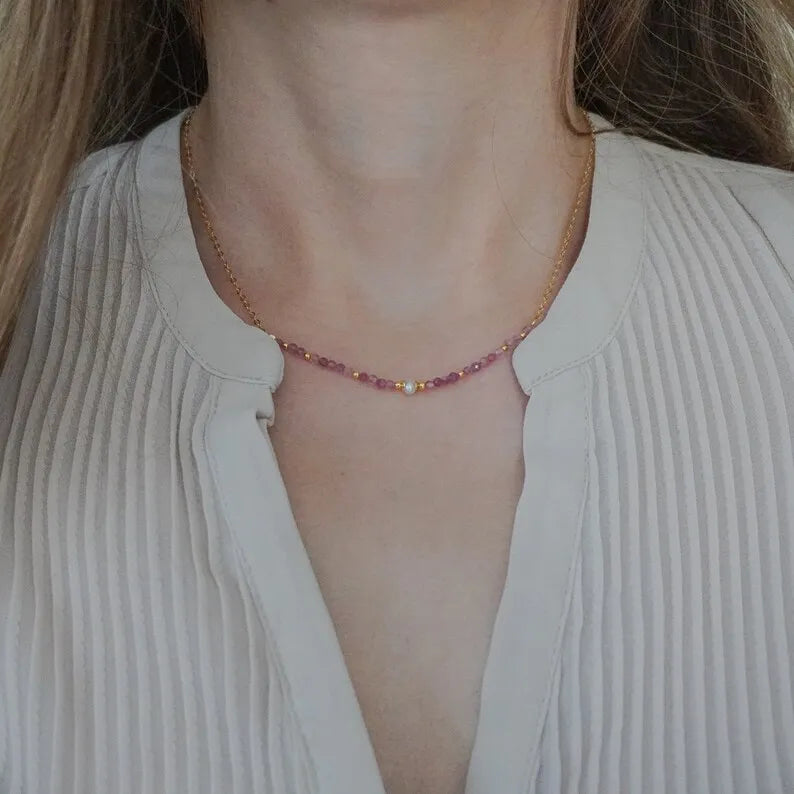 Zooying Tourmaline Garnet Turquoise Minimalist Mother Gift Natural Gemstone Birthstone Necklace for Women