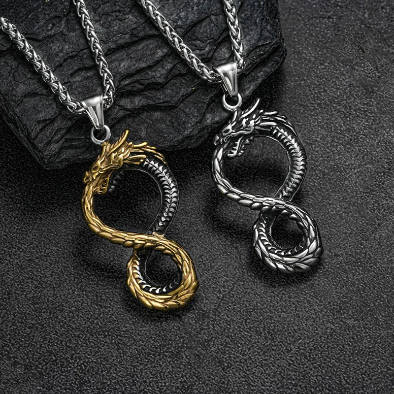Norse Viking Dragon Necklace for Men Stainless Steel Vintage Self-Devourer Viking Ouroboros Pendant Necklace Hip Hop Jewelry