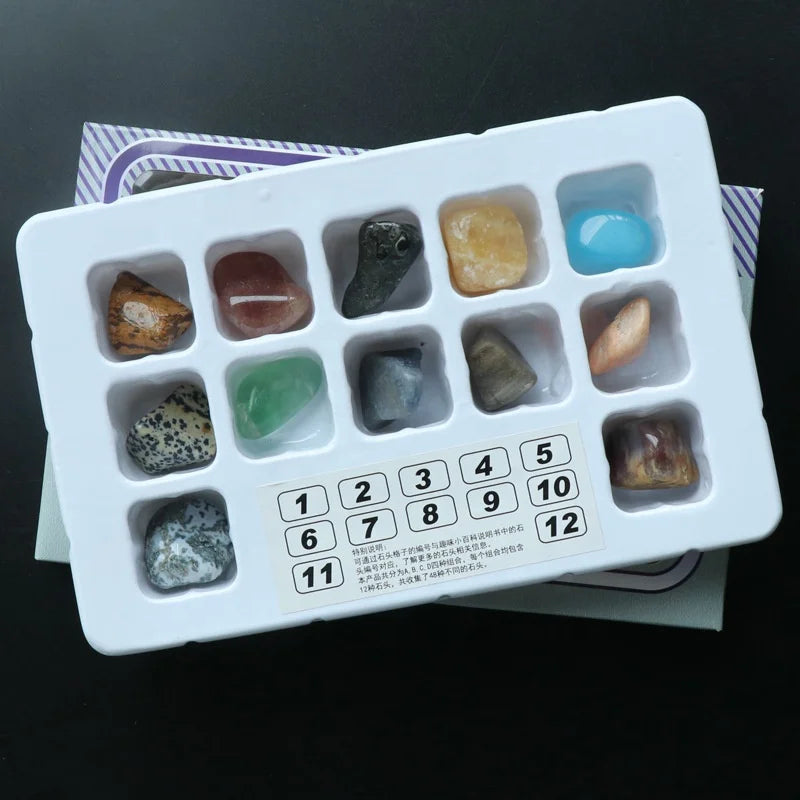 12 Pcs Natural Crystal  With Gift Box Tumbled Stone Rock Mineral Teaching Specimen Set Stone Crafts Stone Crafts