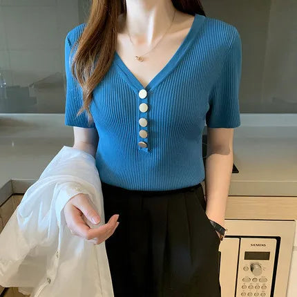 One Size V-neck T-shirt Women's Short-sleeved Summer New Korean Version Loose Half-sleeve Top Knitted T-shirt Trend
