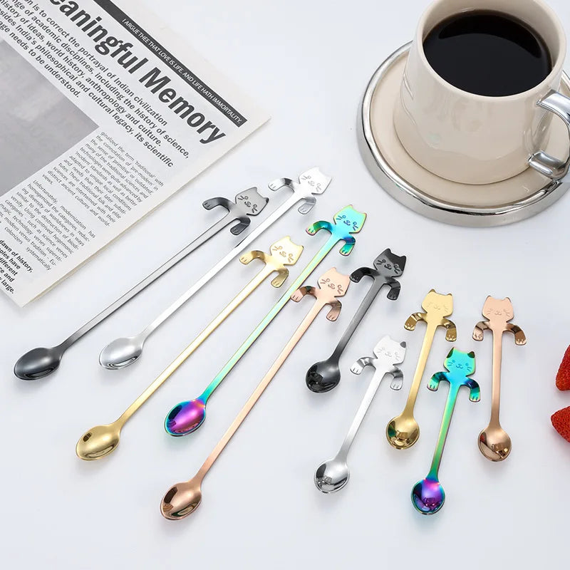 Creative Cat 304 Stainless Steel Cute Long Handle Spoon Flatware Dessert Spoon Silverware Hanging Cup Coffee Spoon