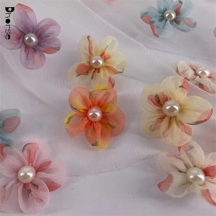 Custom New 4cm Delicate Pearl Beaded Sew-On Chenille Flowers with Rhinestones and PVC for Garment