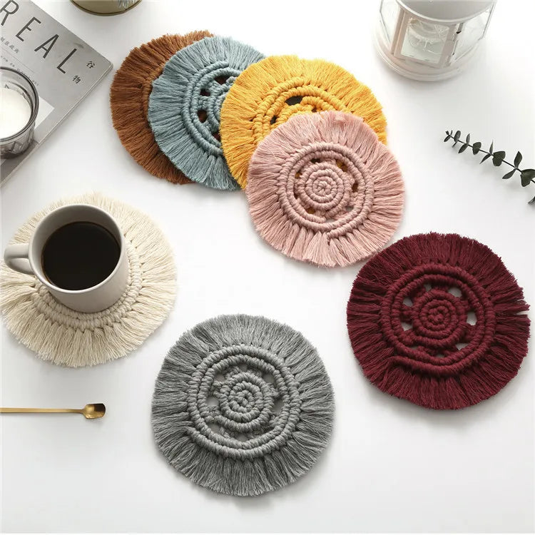 Handmade Boho Round Coasters Polyester Cotton Woven Cup Pad with Tassels Coffee Mat & Pads