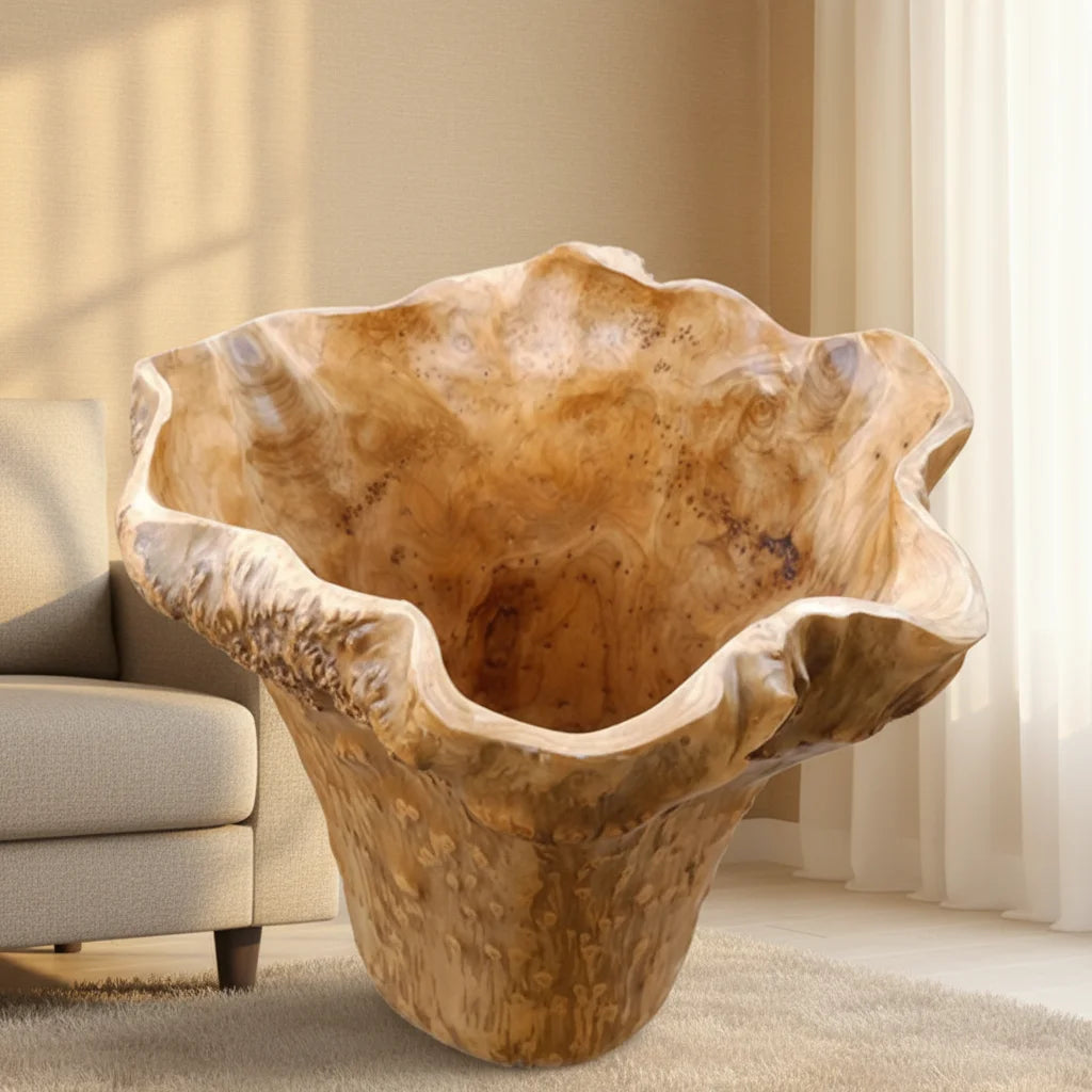Guansen Dia25-29cmx H40cm Natural Sharp Hand Carved Root Carving Large Wooden Flower Vases for Home Decor