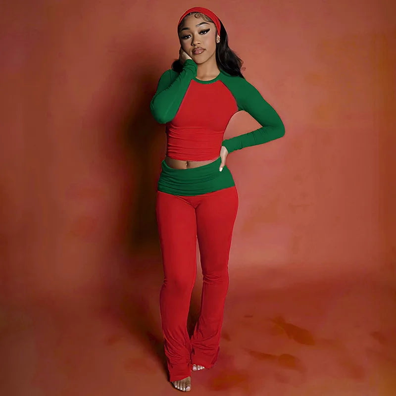 Women Christmas Color Fashion Set Long Sleeve O Neck Patchwork Top High Waist Full Length Flare Pants Women 2 Piece Set