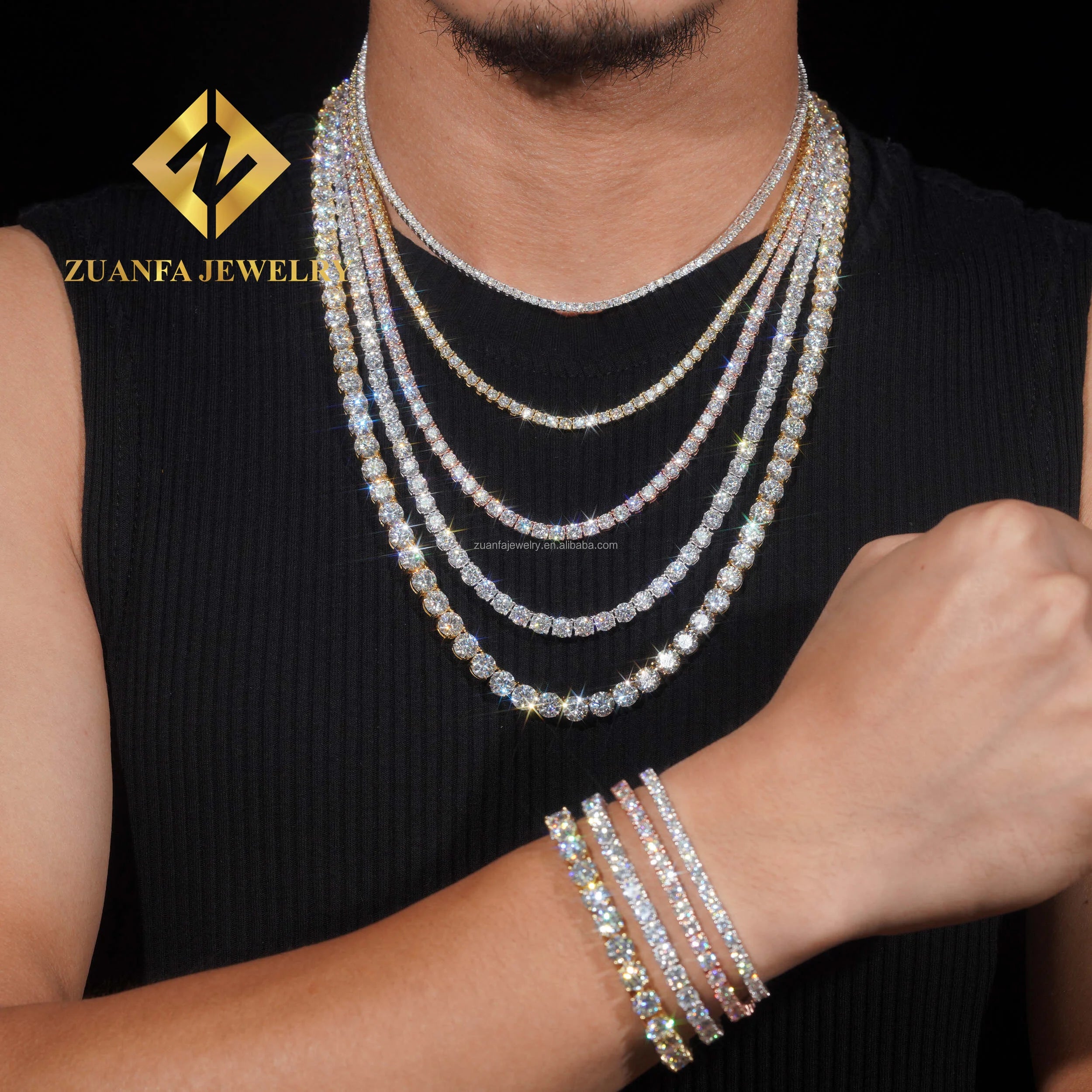 Wholesale 2.0mm-6.5mm 925 Sterling Silver Moissanite Iced Out White Gold-Tennis-Chain Wuzhou Zuanfa Hip Hop Jewelry