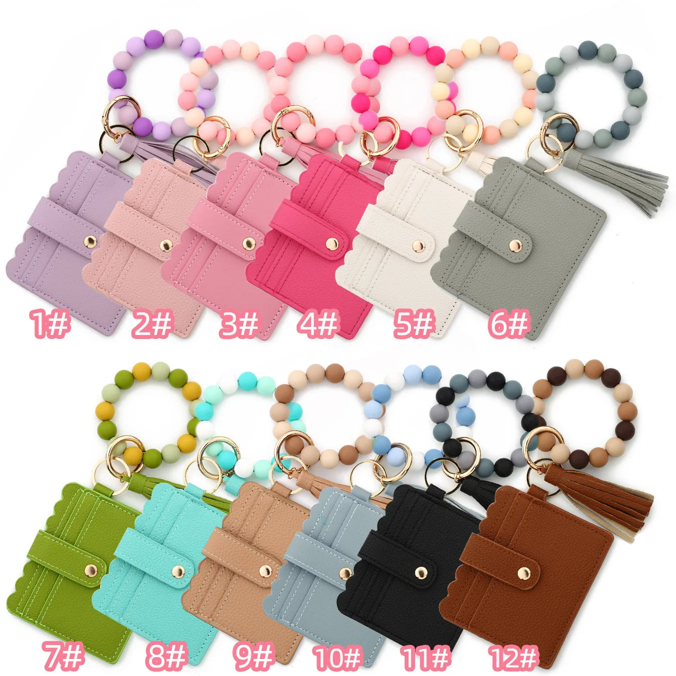 Factory Stock Silicone Bead Pu Leather Key Chain Wristlet Id Credit Card Holder Keychain Wallet for Women with Bangle Bracelet