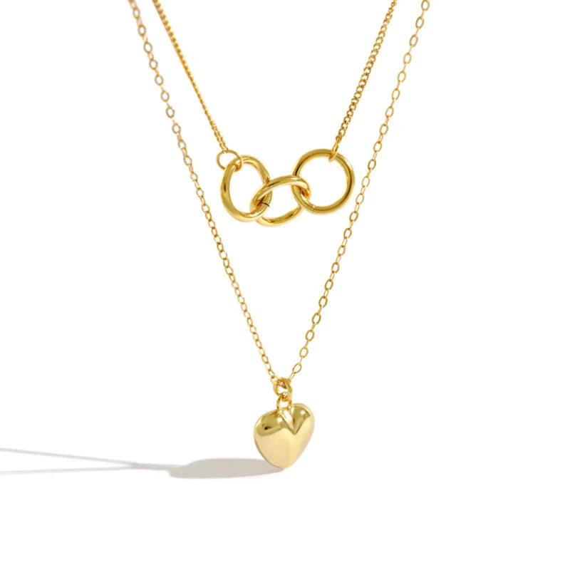Sweet Heart Shape Double Layer Link Necklace 925 Sterling Silver Heart Pendant 18K Gold Plated Necklace