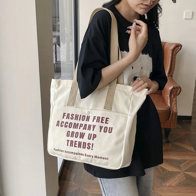 Custom Logo Female With Front Big Pocketcotton Canvas Shopping Shoulder Tote Bag