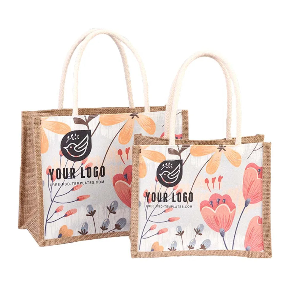 Small Laminated OEM Customized Full Colors Printing Shopping Jute Tote Yellow Silk Screen Printing Letter Carrier Bag 31x25x11cm