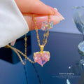 Trendy Peach Love Heart Pendant Necklace Micro Inlaid Shiny Cubic Zircon CZ Gold Plated Choker Necklace for Women Girls