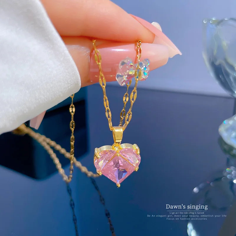 Trendy Peach Love Heart Pendant Necklace Micro Inlaid Shiny Cubic Zircon CZ Gold Plated Choker Necklace for Women Girls