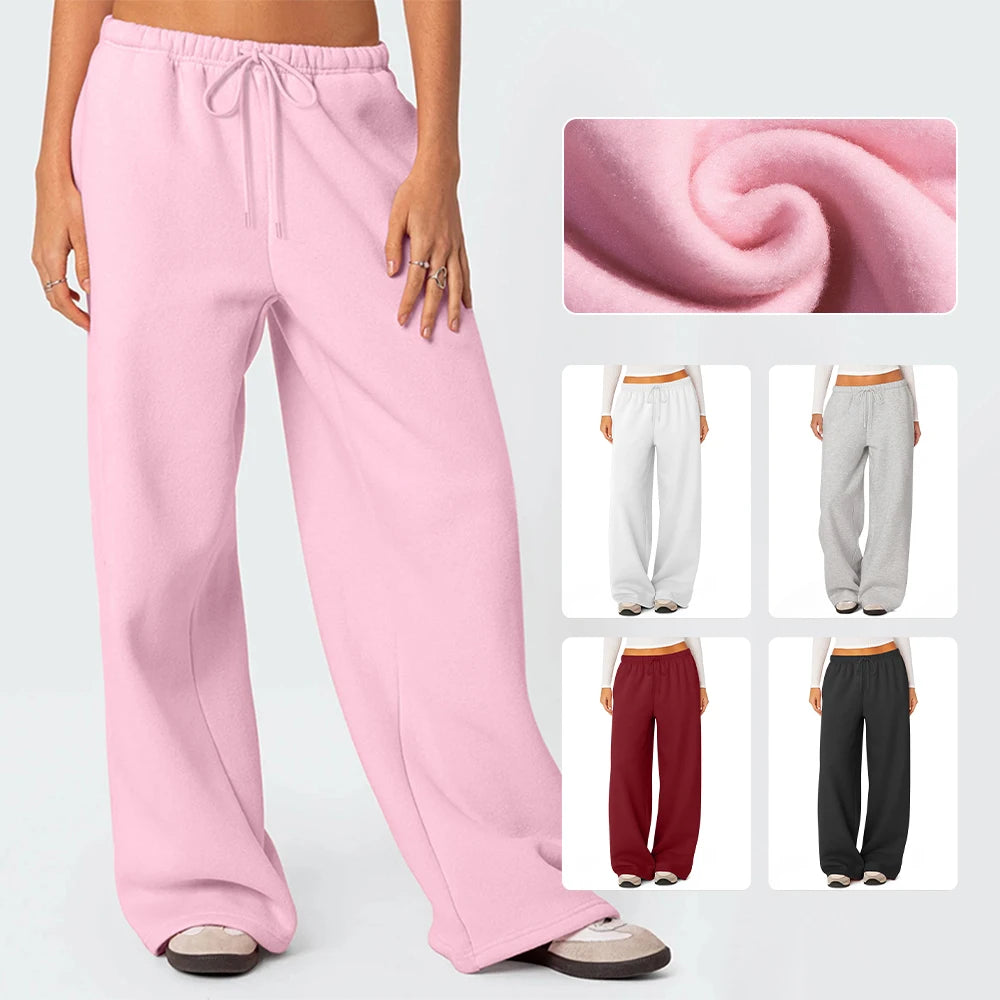 Custom Wholesale Streetwear Heavyweight Fleece Lined Windproof Eco-Friendly Drawstring Closure Sweatpants Winter Warm Wide Leg