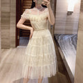 American Women's Elegant Summer New French Temperament Heavy Duty Studded Round Neck Ruffle Sleeve Dress