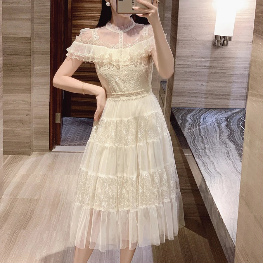 American Women's Elegant Summer New French Temperament Heavy Duty Studded Round Neck Ruffle Sleeve Dress