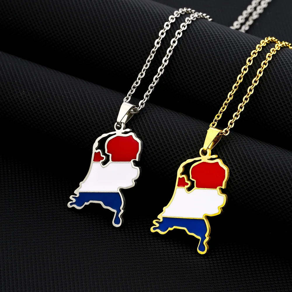 Manufacturer Stainless Steel Enameled Holland Map Chain Necklace 18K Gold Plated Enamel Netherlands Flag Map Pendant Necklace