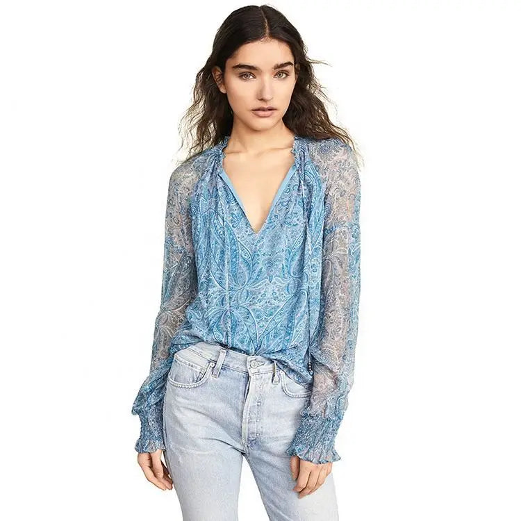 Bohemian Print V-Neck Chiffon Blouse Casual Plus Size Shirts