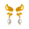Fashion Retro Fashion Spiral Fresh Water Pearl Earrings Stainless Steel Plated 18k Gold Earrings