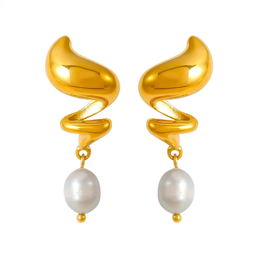 Fashion Retro Fashion Spiral Fresh Water Pearl Earrings Stainless Steel Plated 18k Gold Earrings