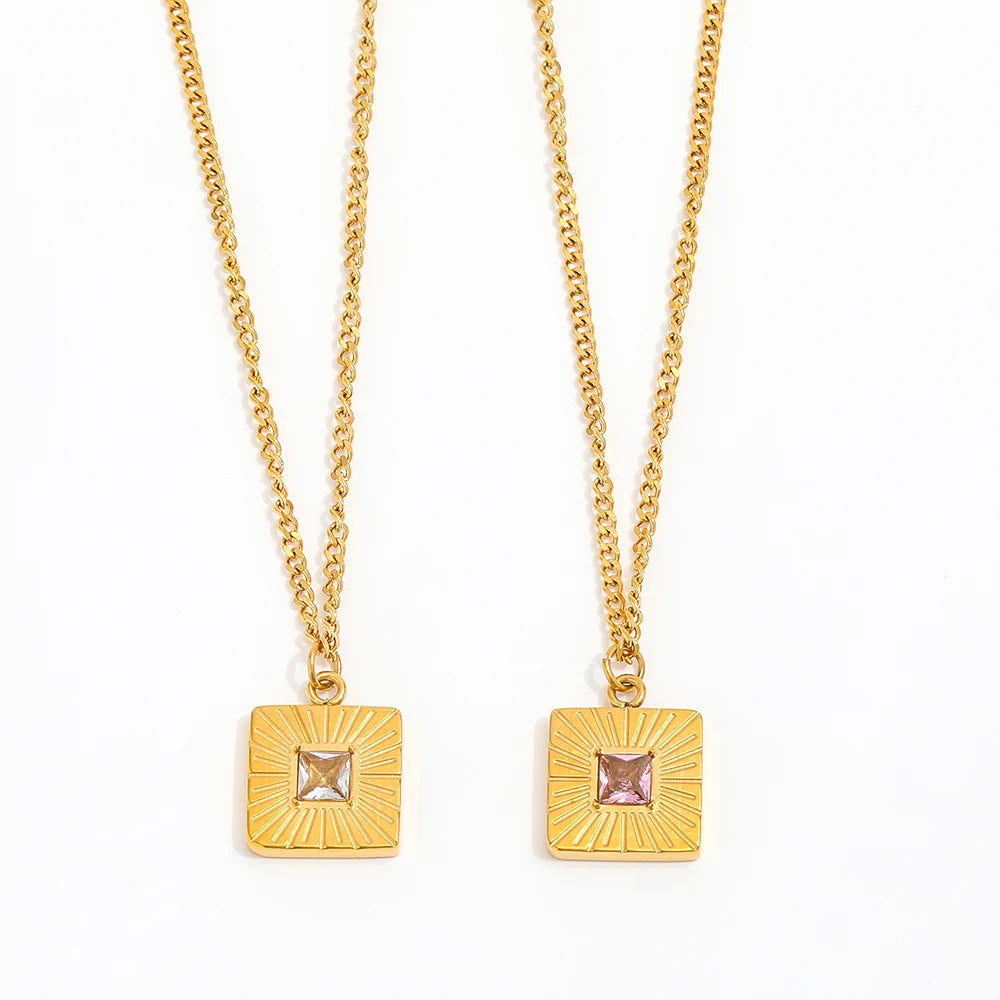 Joolim Pink Clear Zirconia Square Burst Pendant Necklace Stainless Steel Necklace Jewelry Wholesale