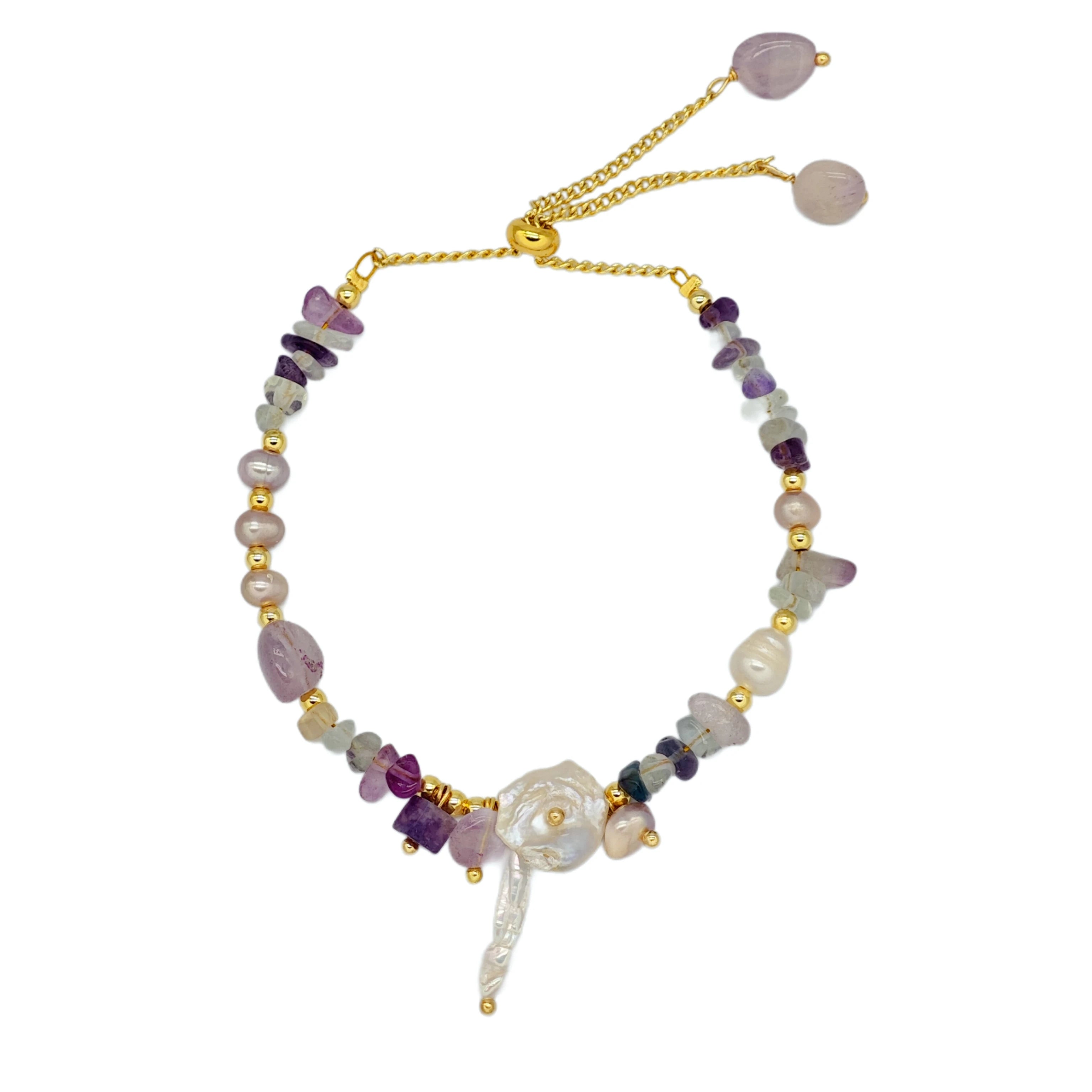 Elegant Women's Bracelet Handmade with Natural Stone Freshwater Pearl Beads Gold Plated Fashion Jewelry