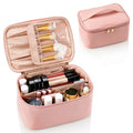 Relavel Portable PU Cosmetic Bag Travel Makeup Organizer case Pink Make up Bag with Cosmetics Toiletries Brush Slots and Divider