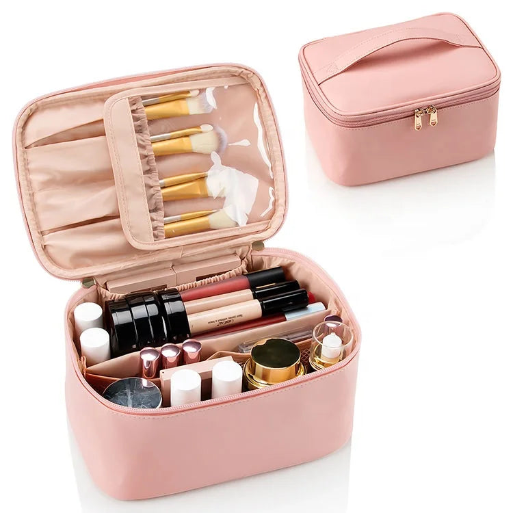 Relavel Portable PU Cosmetic Bag Travel Makeup Organizer case Pink Make up Bag with Cosmetics Toiletries Brush Slots and Divider