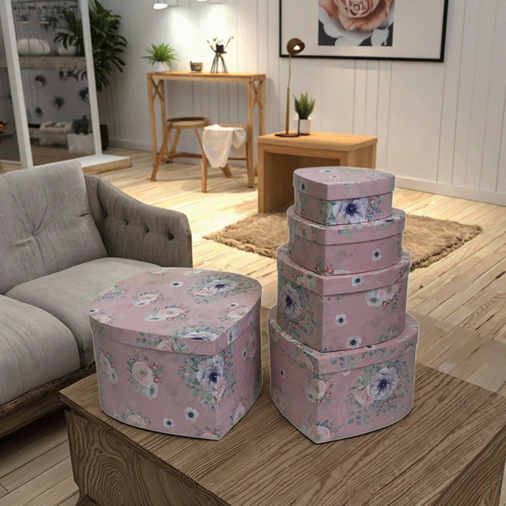 AM-GPB24 Ammy 5 Pcs Per Set Heart-shaped Print Flowers Empty Box Preserved Fresh Flower Box 5 in 1 Artificial Heart Box