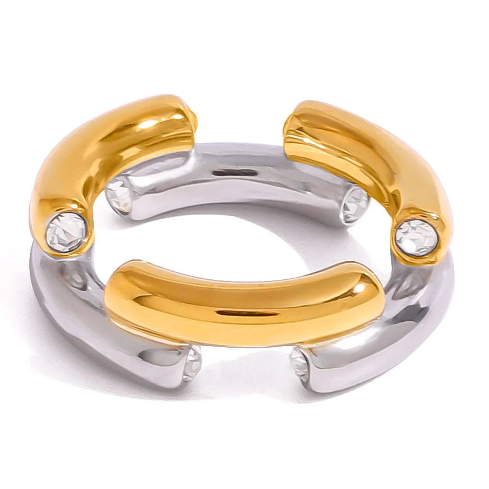 High Quality Two Tone Stainless Steel Double Layers Bold CZ Stone Ring Tarnish Free Elegant Jewelry Accessories Gifts for Women